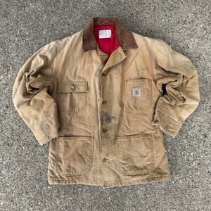 Vintage 90s Carhartt  Brown Duck Canvas Red Quilt Lined Barn Chore Coat Jacket